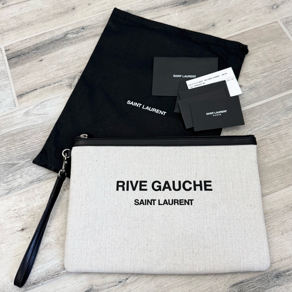 Saint Laurent Natural Linen Canvas Large Wristlet Pouch